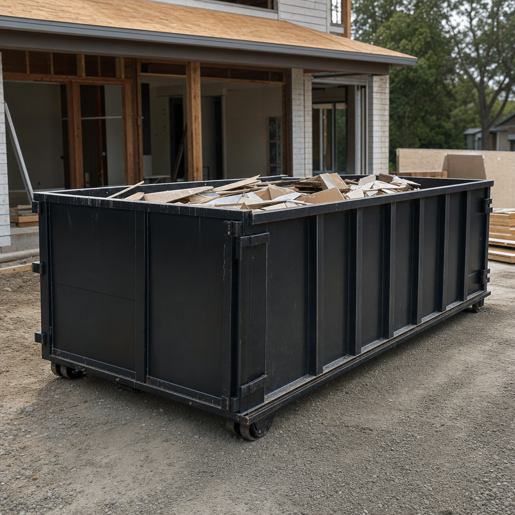 Large matte-black 30-yard construction roll-off dumpster at an active Evansville jobsite, steel-gray top rails and bottom rollers visible, loaded with construction debris.