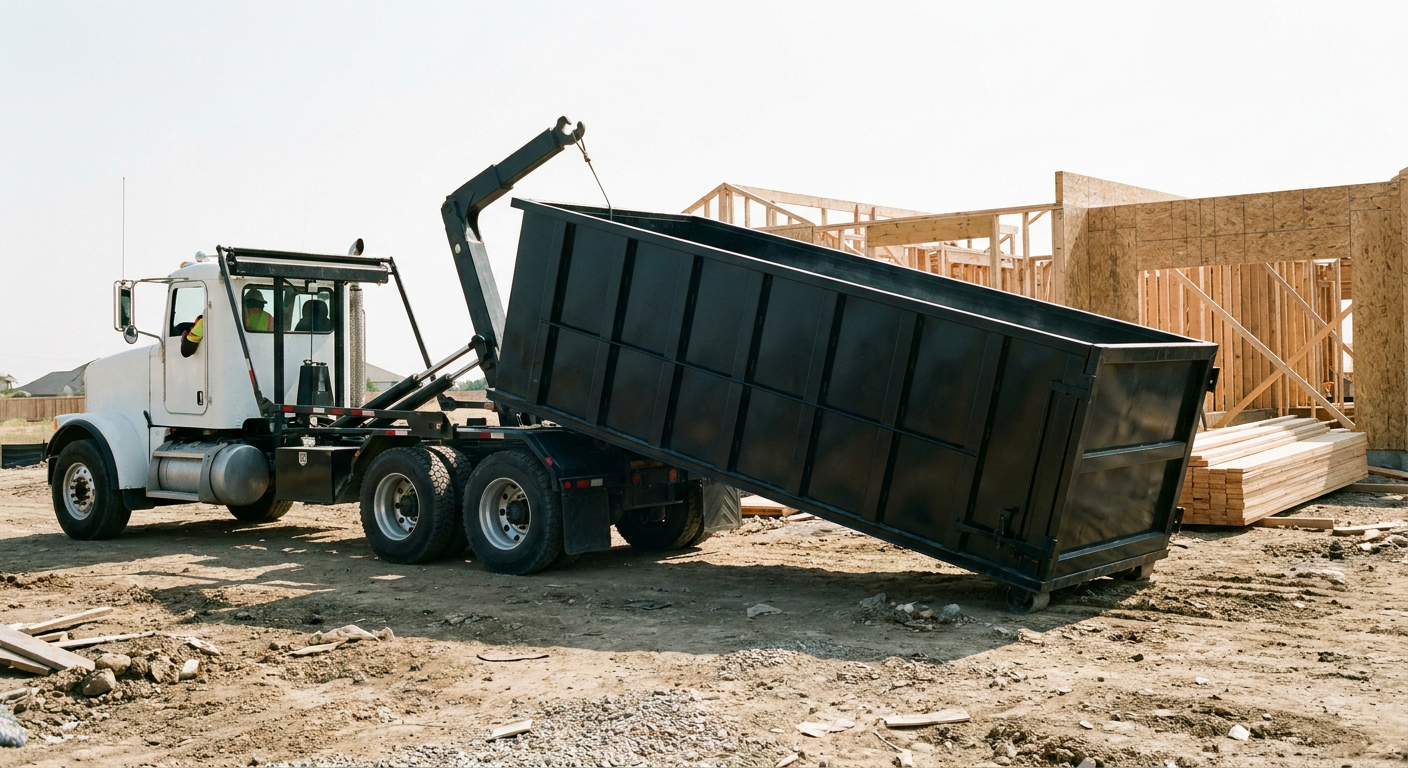 Matte-black roll-off dumpster being delivered onto a clean residential concrete driveway in Evansville by an unmarked white hooklift hauler truck, bright morning daylight, documentary 35mm perspective.
